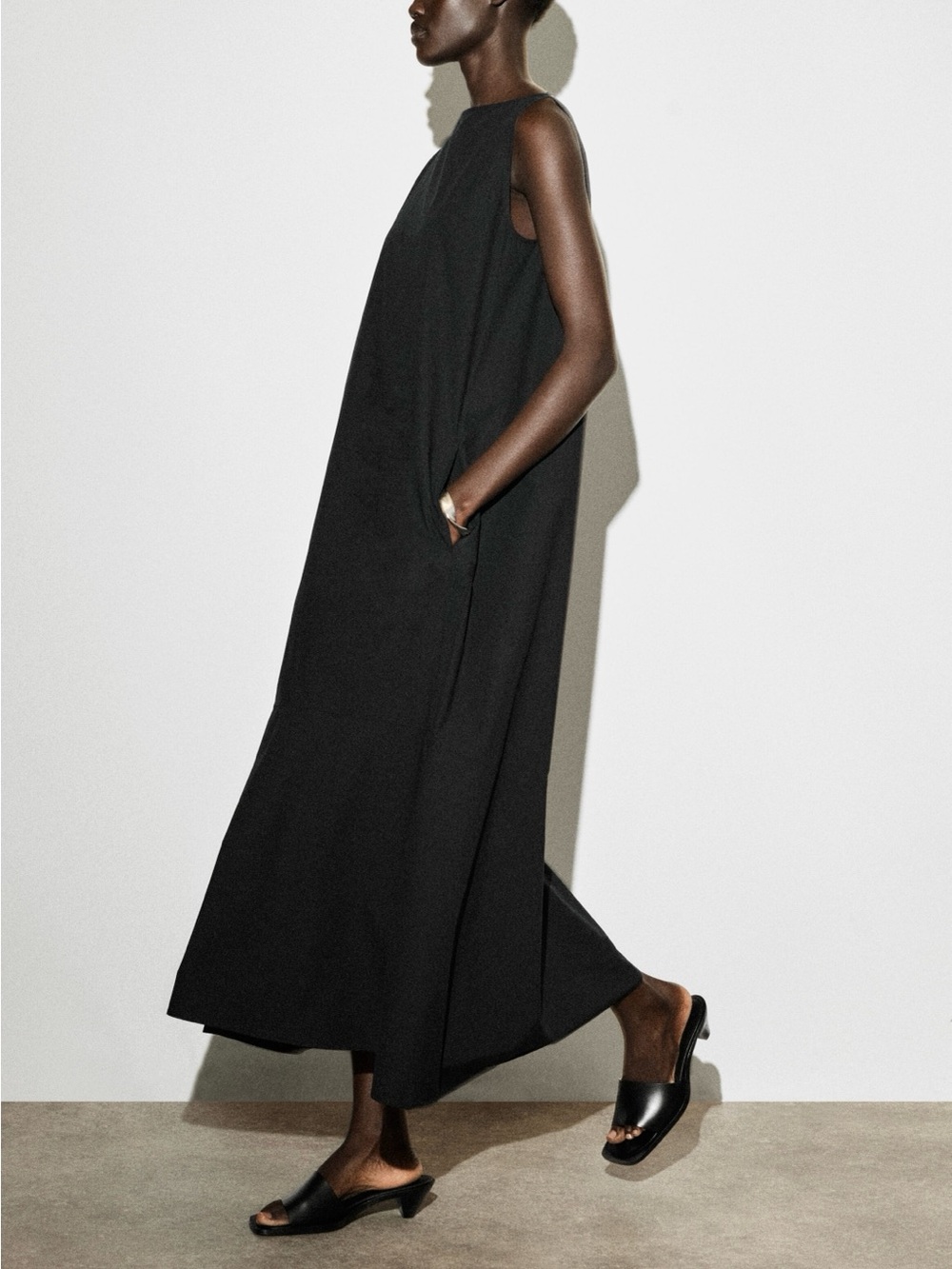 COS 100% Cotton Dropped Hem Maxi Dress Black Voluminous Flowy Pockets 12